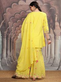 Vishudh Yellow Embroidered Mirror Work Pure Cotton Straight Kurta With Sharara & Dupatta