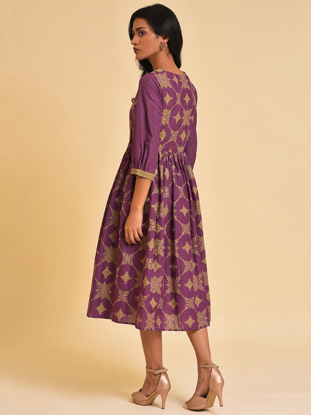 W Purple Ethnic Motifs Print Pure Cotton Fit & Flare Ethnic Midi Dress