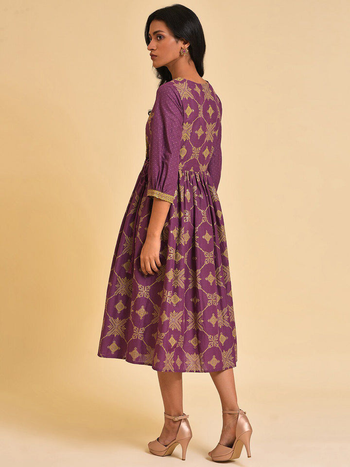 W Purple Ethnic Motifs Print Pure Cotton Fit & Flare Ethnic Midi Dress