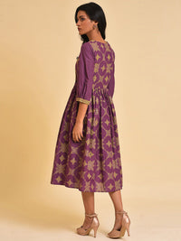 W Purple Ethnic Motifs Print Pure Cotton Fit & Flare Ethnic Midi Dress