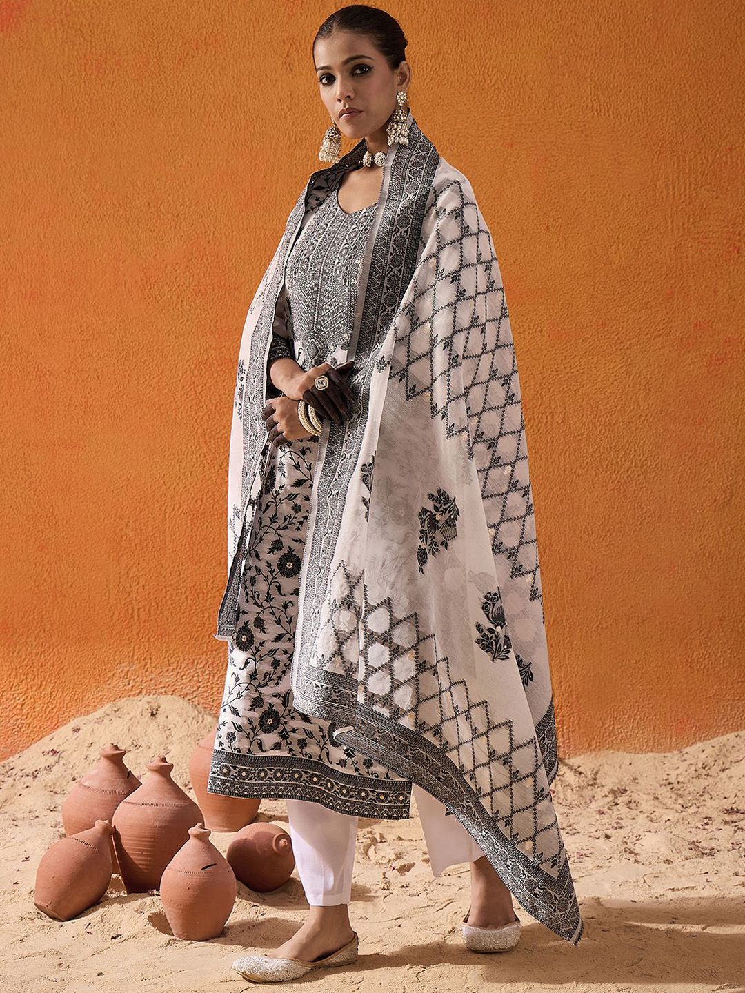 Indo Era White Floral Printed V-Neck Straight Kurta with Trousers & Dupatta