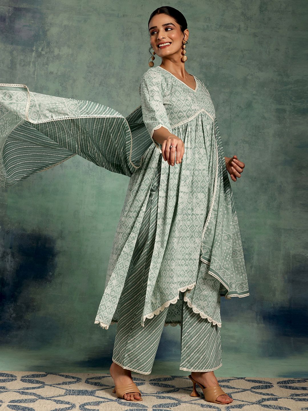 Libas Bandhani Printed V-Neck Pleated Pure Cotton A-Line Kurta with Palazzos & Dupatta