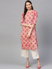 SOJANYA Kurta Lurus Bercetak Warna Peach & Merah Jambu Wanita