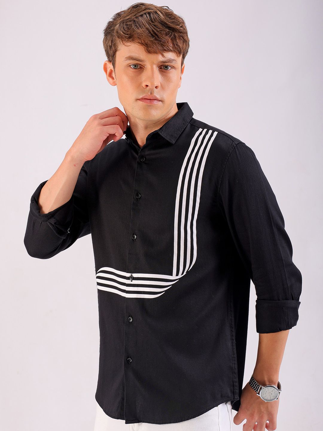 The Indian Garage Co Slim Fit Striped Band Collar Cotton Casual Shirt
