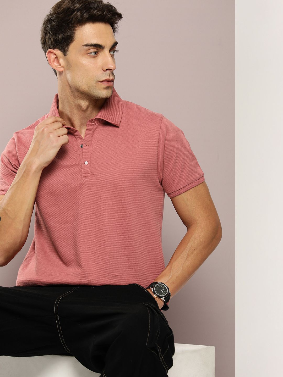 DILLINGER Men Polo Collar Honeycomb Structure T-shirt