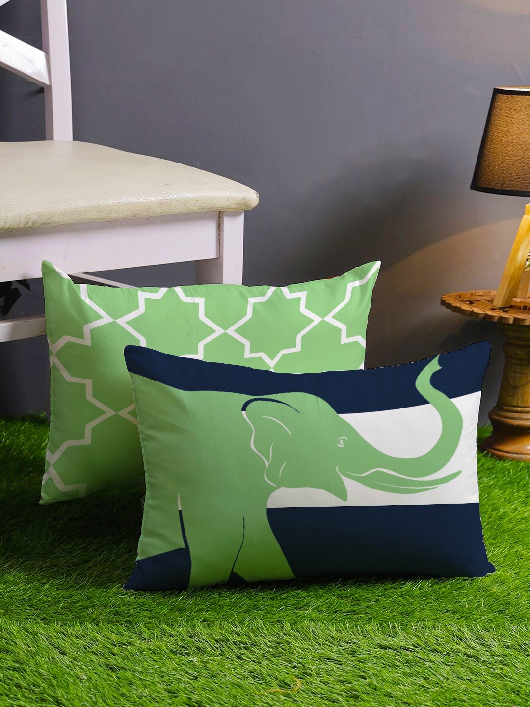 STITCHNEST Green & White Set of 2 Rectangle Cushion Covers