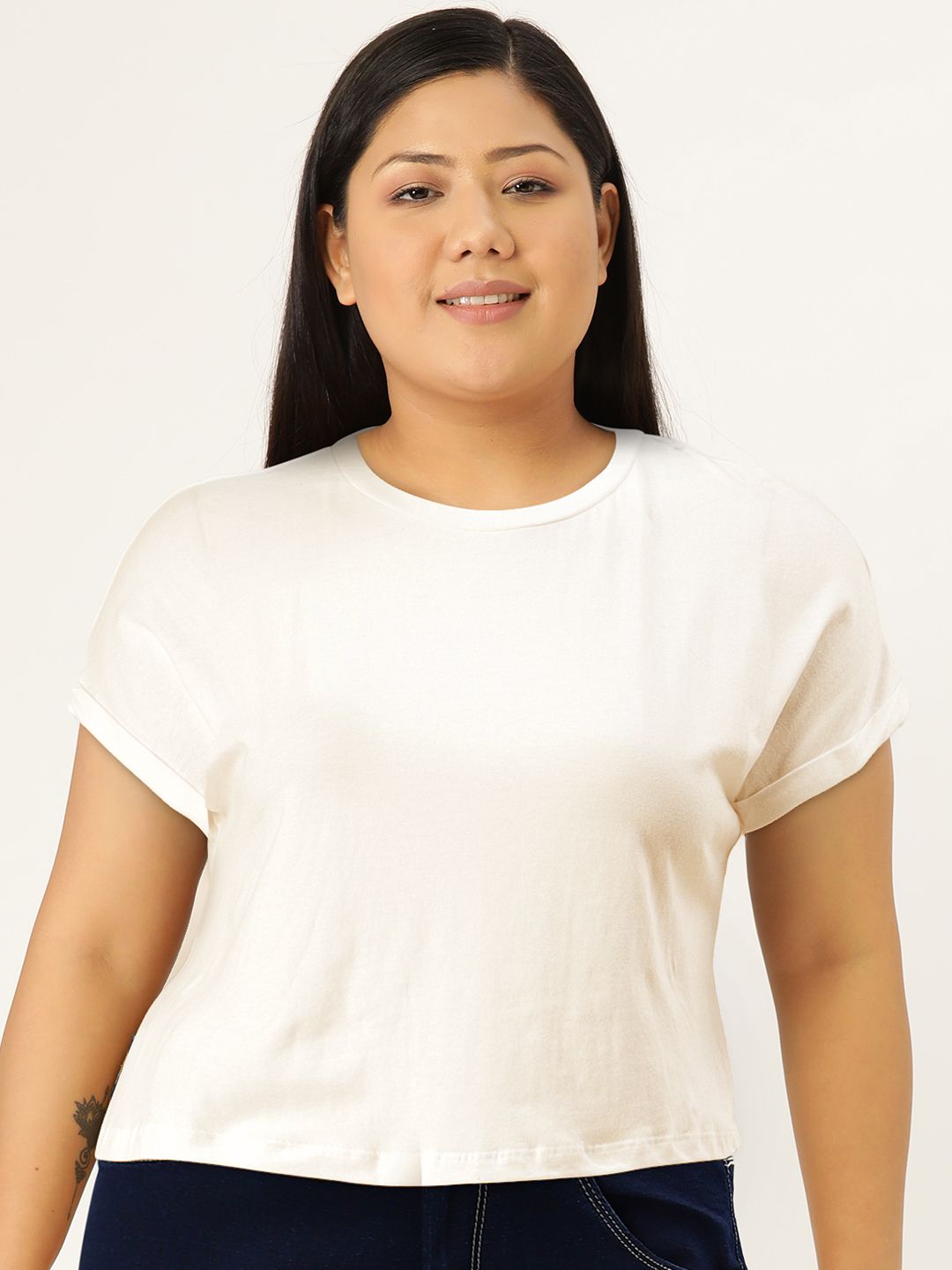 DressBerry Women White Solid Knitted Boxy Pure Cotton Top