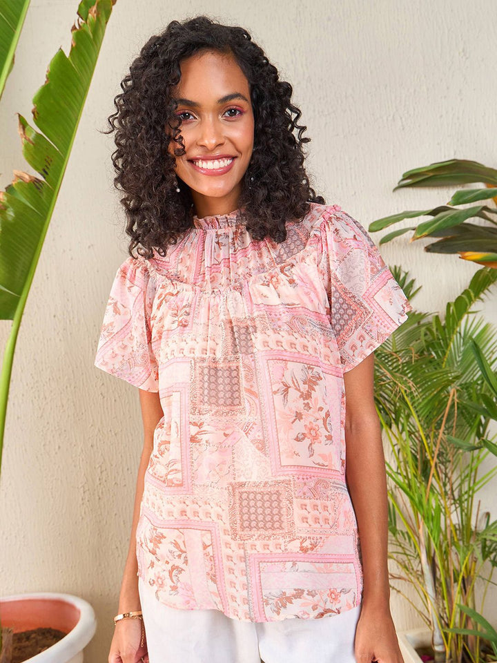 SASSAFRAS Peach-Coloured Floral Printed High Neck Flutter Sleeve Georgette Top