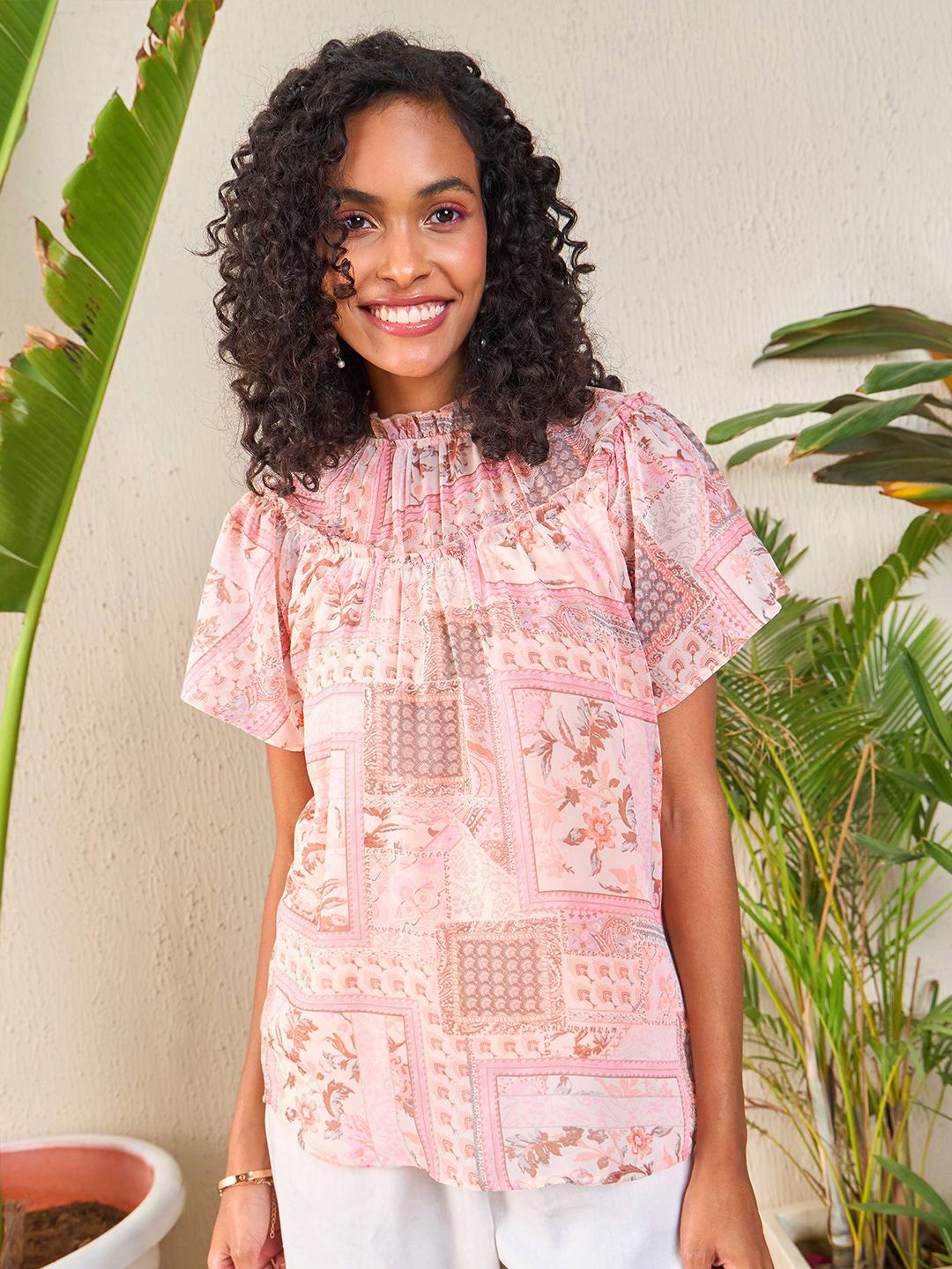 SASSAFRAS Peach-Coloured Floral Printed High Neck Flutter Sleeve Georgette Top