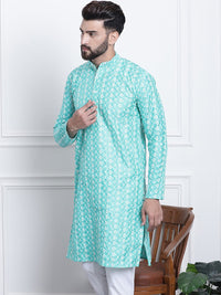 SOJANYA Men Sea Green & White Ethnic Motifs Embroidered Kurta