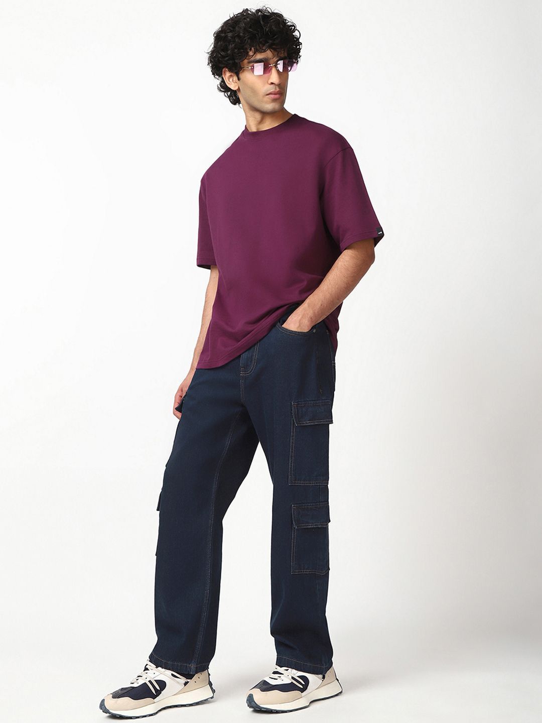 Bewakoof Men's Indigo Blue Baggy Washed Cargo Mid-Rise Jeans