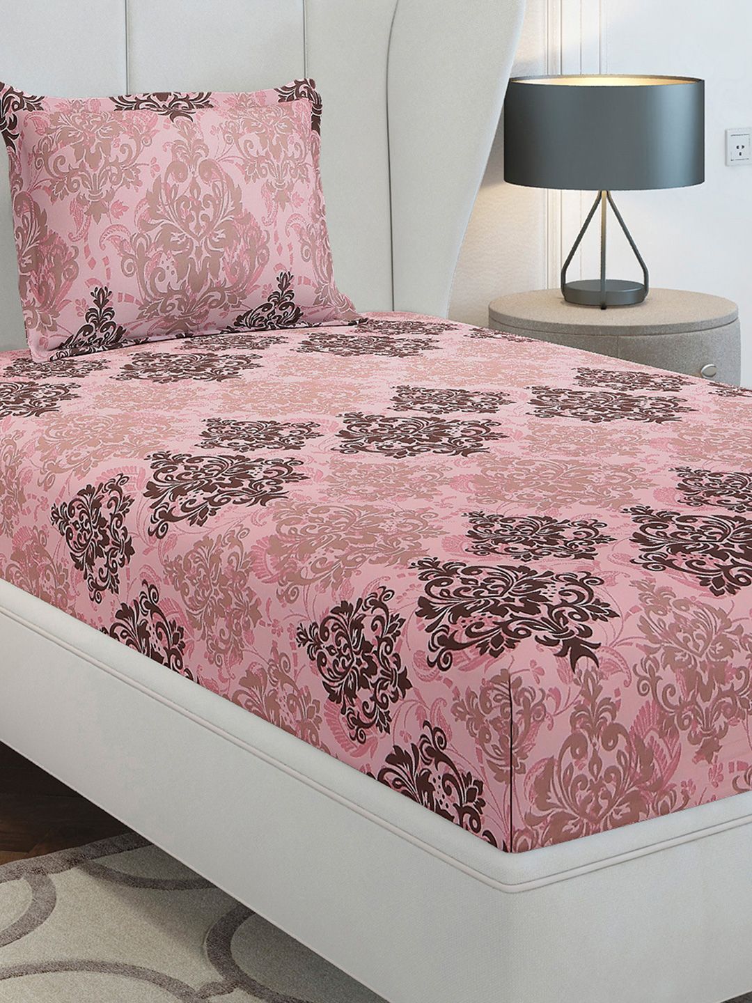 Monte Carlo Pink & Brown Floral Printed 104 TC Single Bedsheet Set 2.24 m x 1.52 m