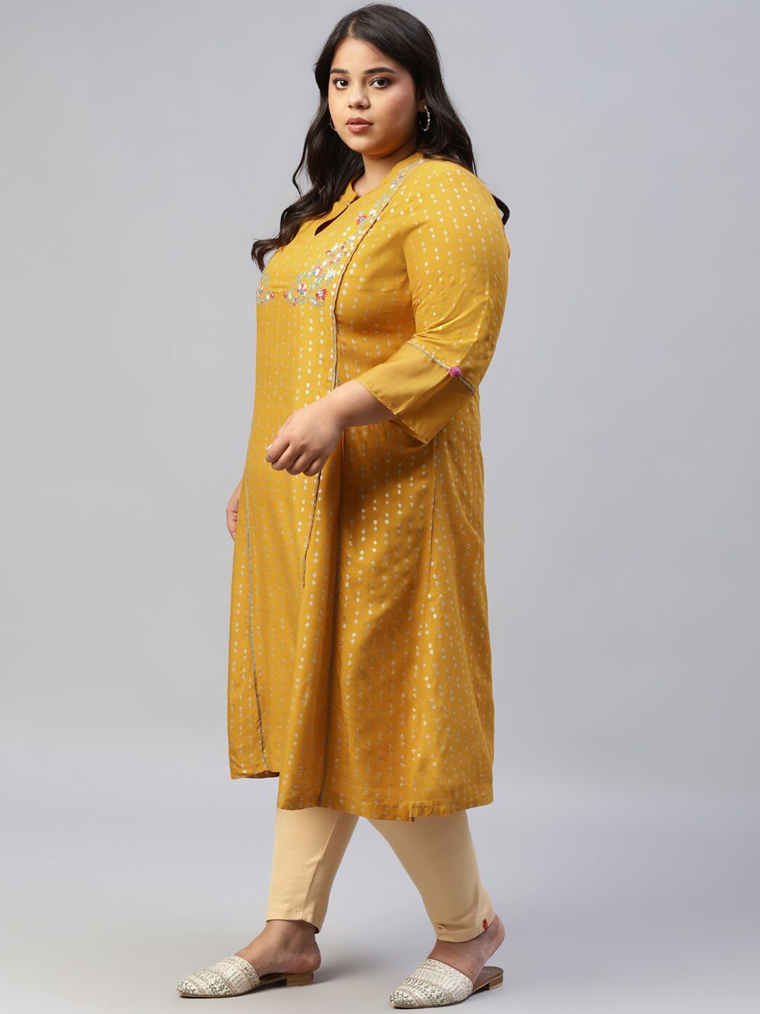 W Women Yellow Printed Flared Sleeves Thread Work Kurta