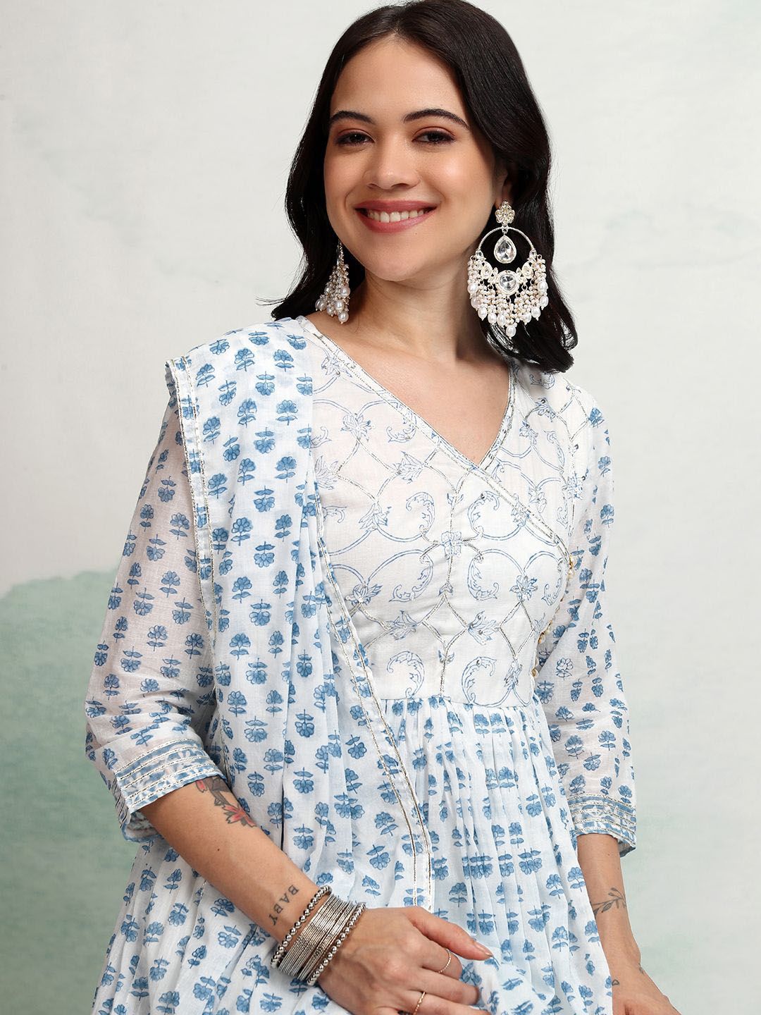 Vishudh Ethnic Motifs Embroidered Gotta Patti Pure Cotton Kurta With Trousers & Dupatta