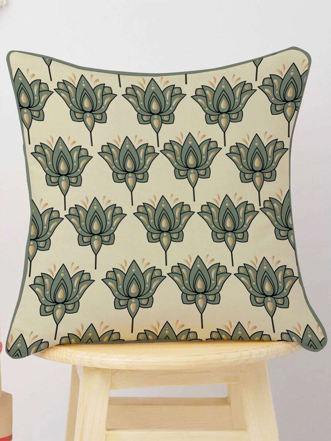 STITCHNEST Cream-Coloured & Olive Set of 5 Ethnic Motifs Velvet Square Cushion Covers