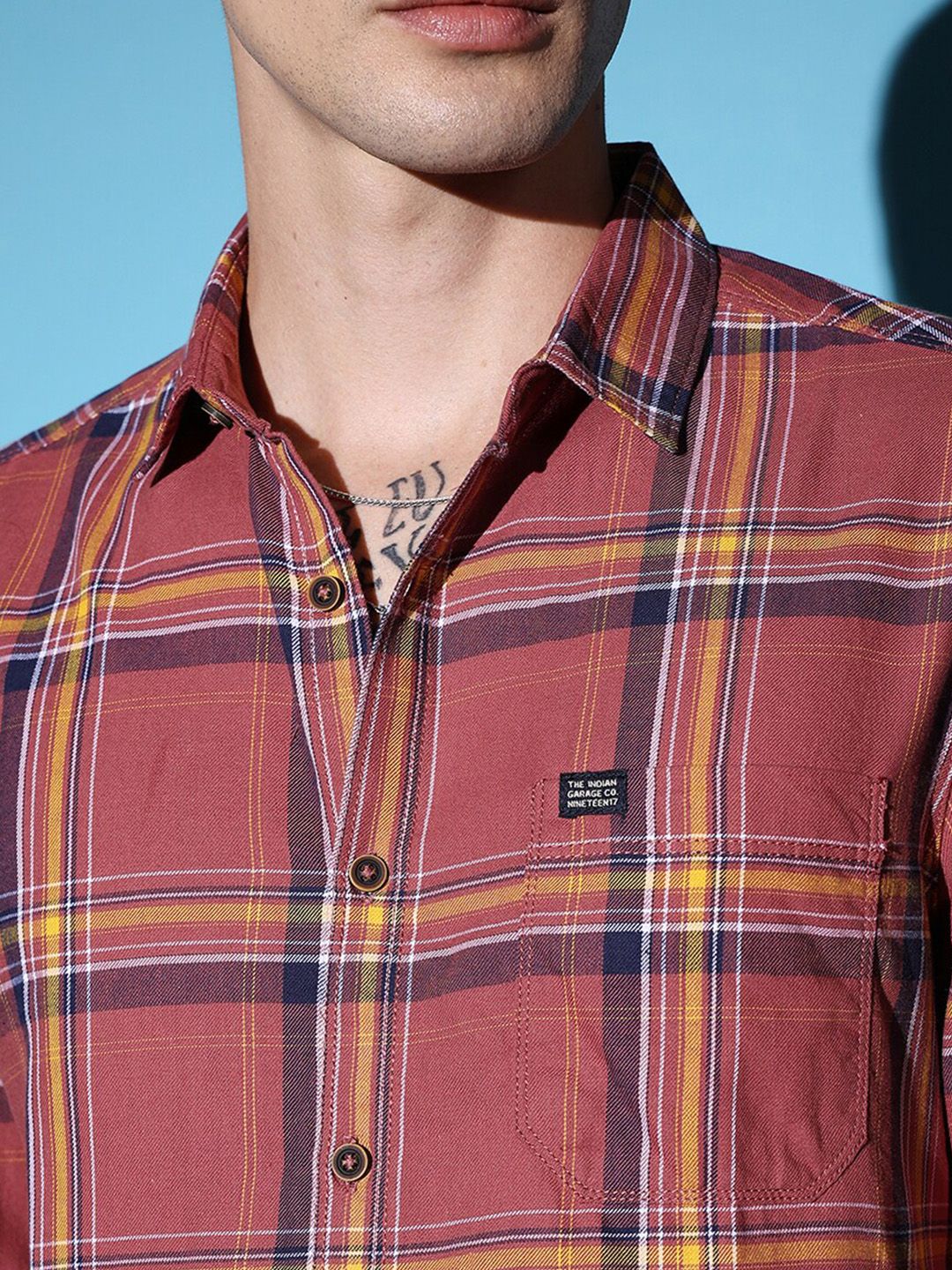 The Indian Garage Co Rust-Coloured Slim Fit Tartan Checked Cotton Casual Shirt