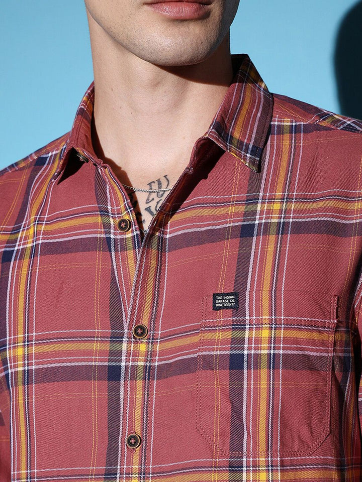The Indian Garage Co Rust-Coloured Slim Fit Tartan Checked Cotton Casual Shirt