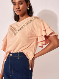 The Label Life Self Design Round Neck Extended Sleeves Cotton Regular Top