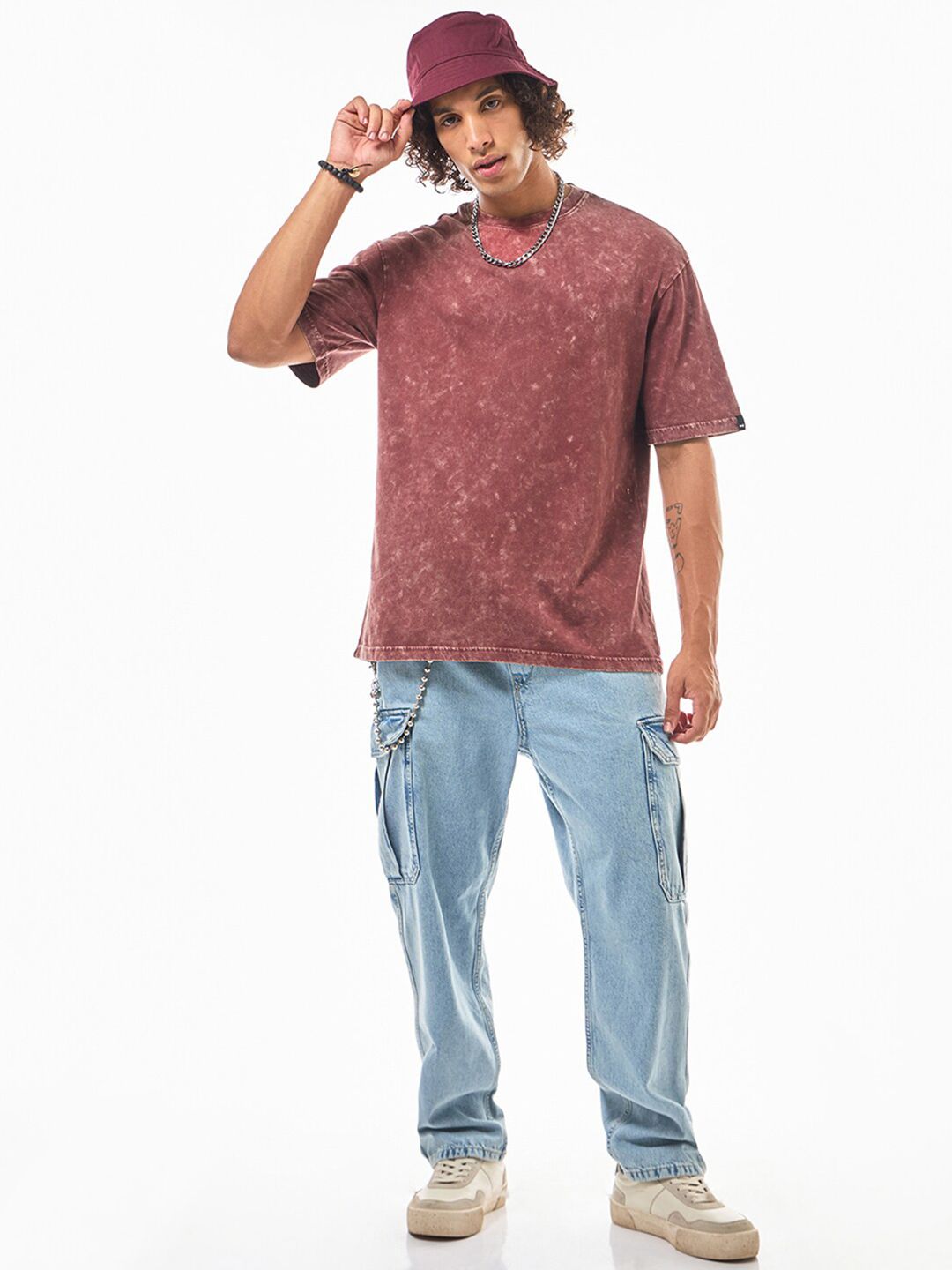 Bewakoof Red Oversized Cotton Acid Wash T-shirt