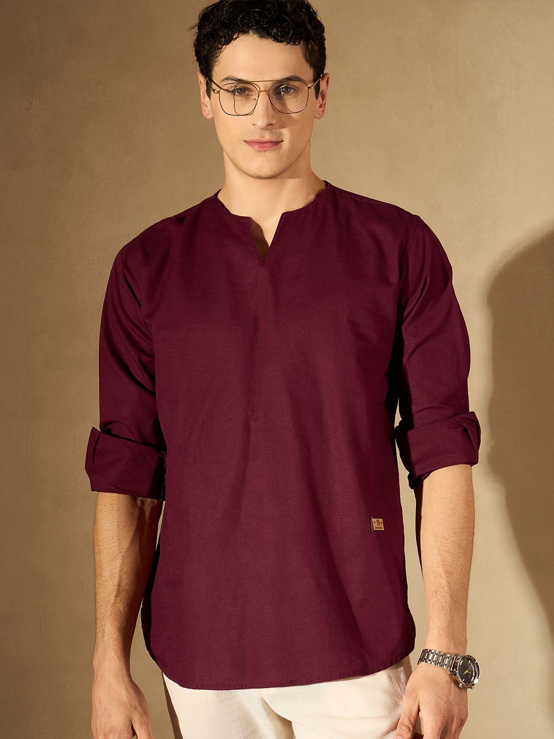 DENNISON Men Maroon Solid Straight Pure Cotton Short Kurta