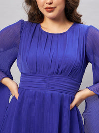 Antheaa Blue Long Flared Sleeve Smocked Accordion Pleated Fit & Flare Dress