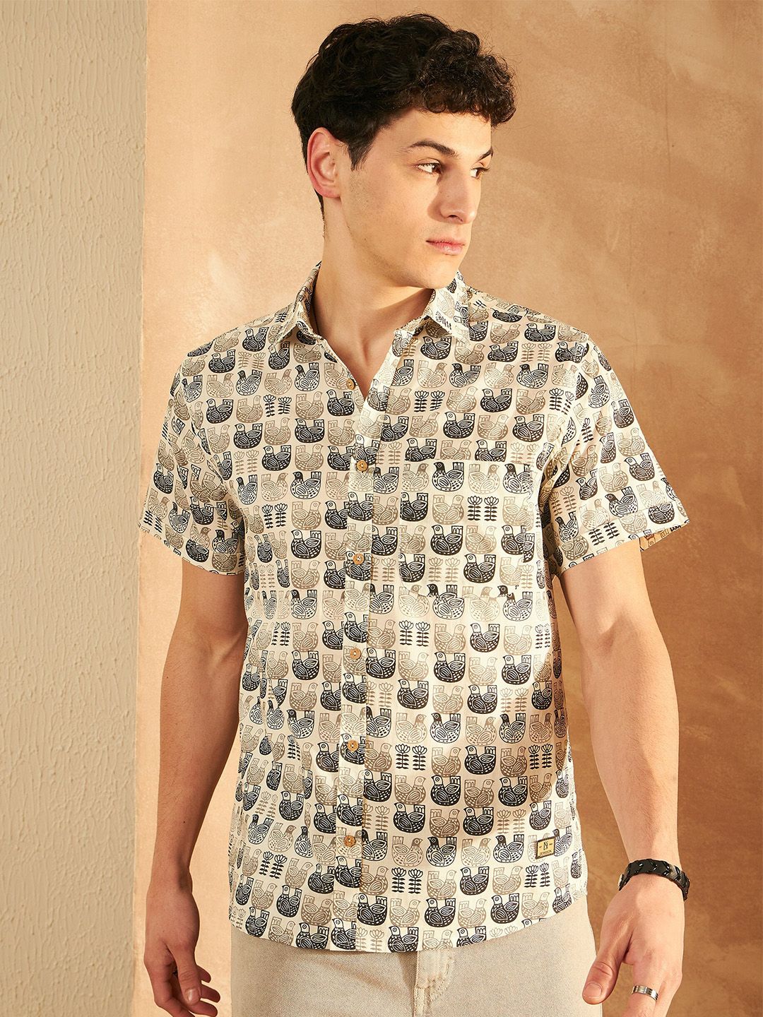 DENNISON Smart Ethnic Motifs Printed Spread Collar Pure Cotton Oversized Lightweight Shirt