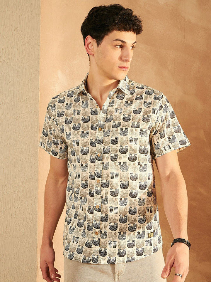 DENNISON Smart Ethnic Motifs Printed Spread Collar Pure Cotton Oversized Lightweight Shirt