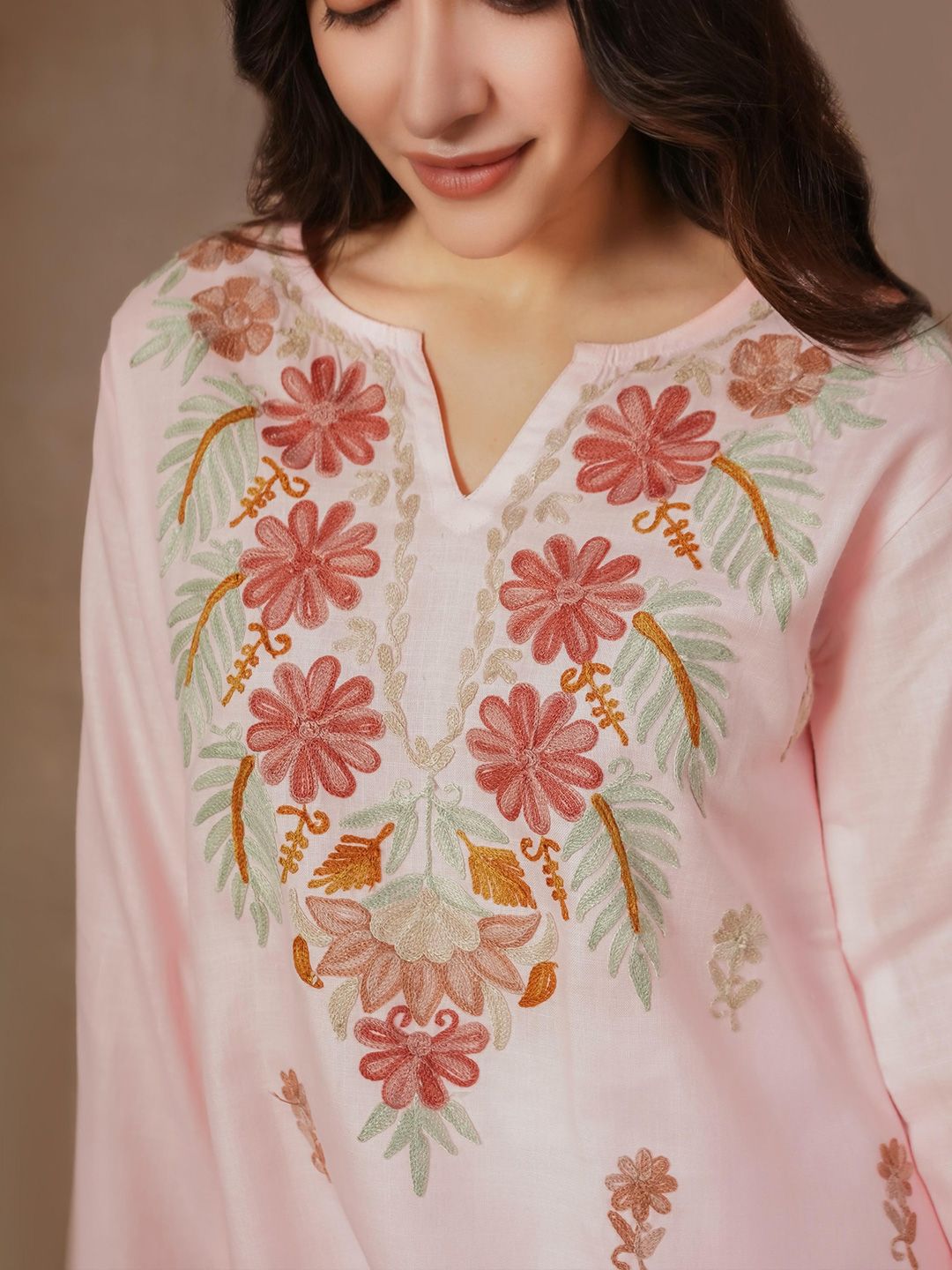 HOUSE OF KARI Floral Printed Thread Work Cotton Straight Kurta