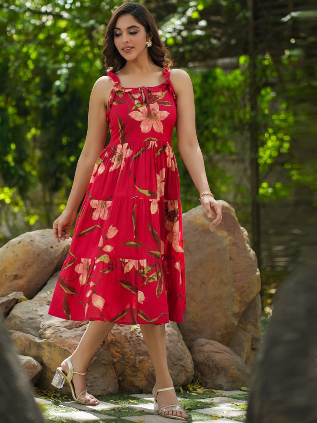 Rain & Rainbow Floral Printed Shoulder Straps Pure Cotton Fit & Flared Midi Dresses