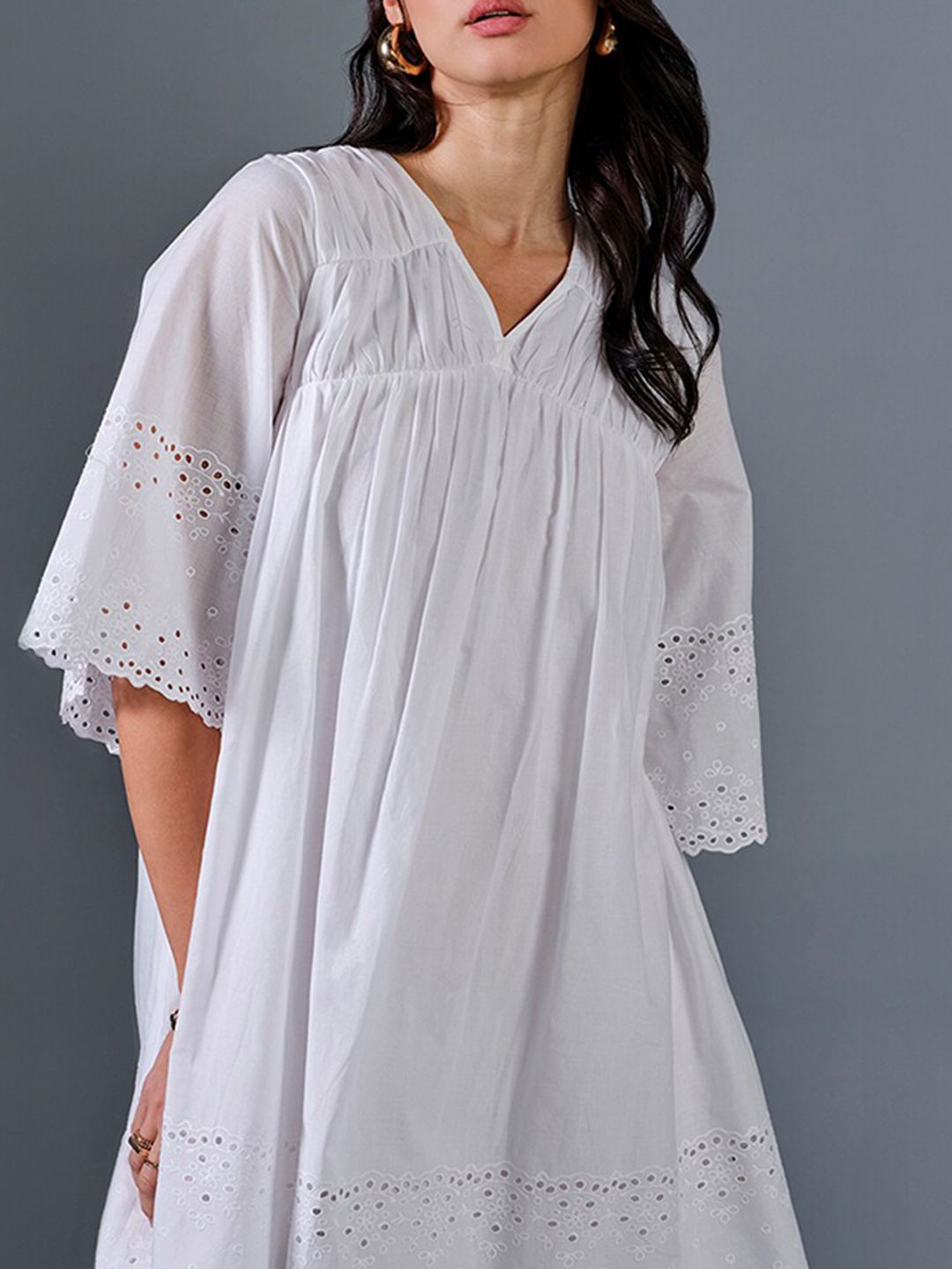AND Striped V-Neck Bell Sleeve A-Line Dress