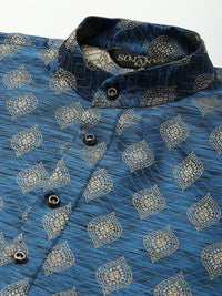 SOJANYA Men Blue & Gold-Toned Ethnic Motifs Jacquard Kurta