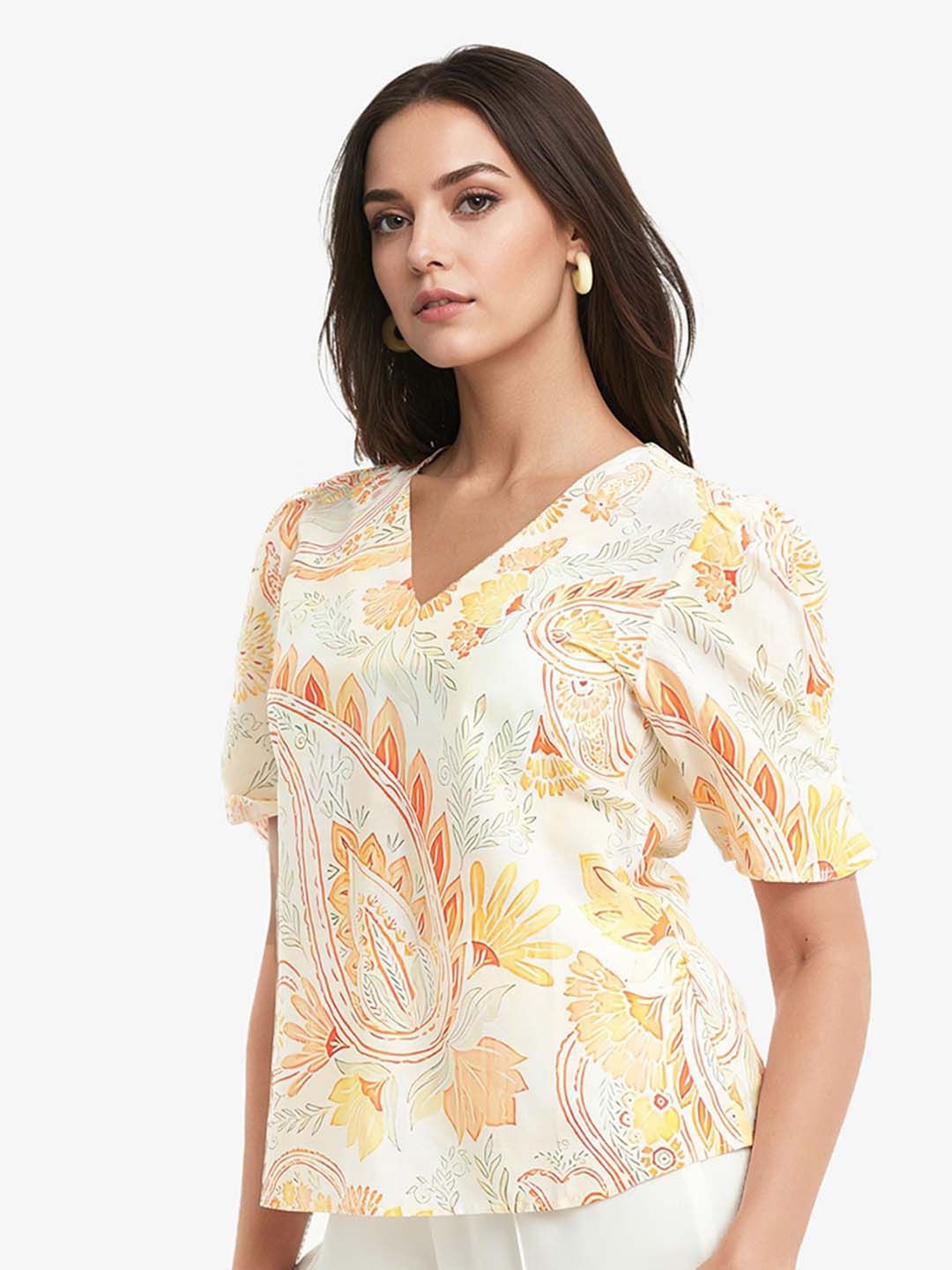 RAREISM Floral Printed Vigeveno Light V-Neck Puff Sleeves Cotton Top