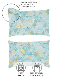 Story@home Arena Blue & Gold-Toned Printed 180 TC Queen Bedsheet & 2 Pillow Covers