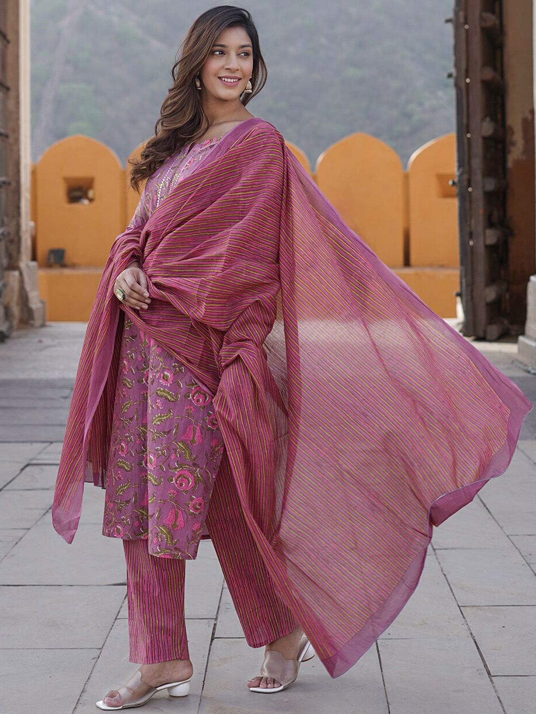 KALINI Floral Printed Pure Cotton Kurta with Trousers & With Dupatta