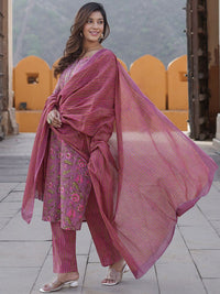 KALINI Floral Printed Pure Cotton Kurta with Trousers & With Dupatta