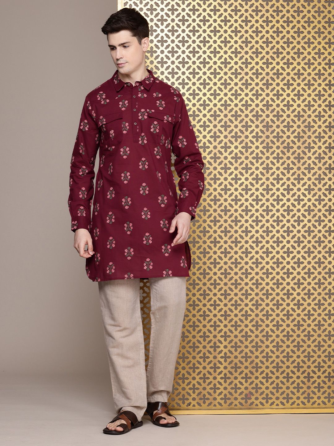 House of Pataudi Men Floral Printed Pure Cotton Kurta
