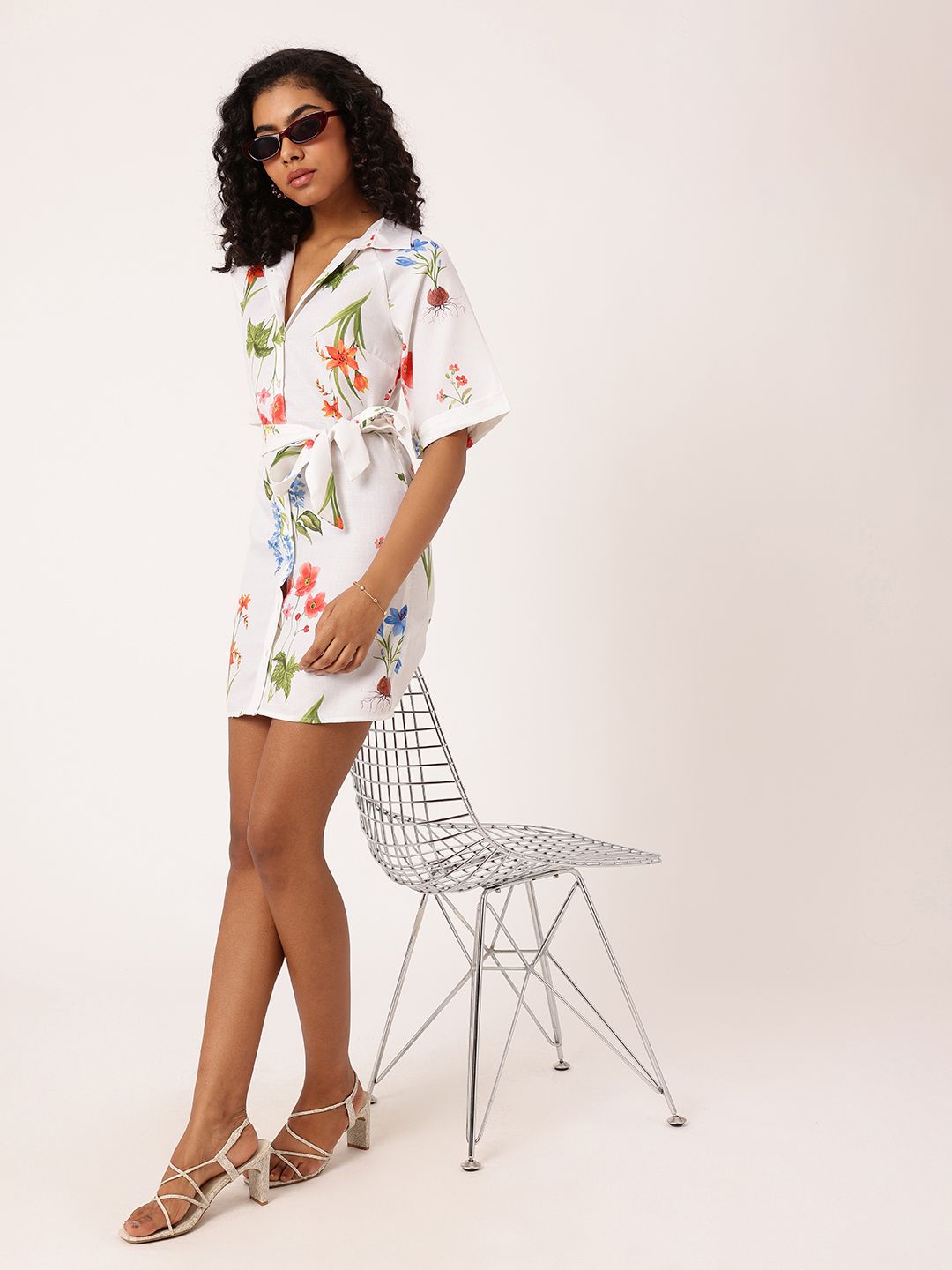 DressBerry Chic Charm Floral Printed Shirt Style Mini Dress With Waist Tie-Up