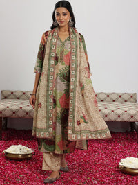 Libas Grren and Pink Floral Printed Beads and Stones Linen Kurta with Trouser & Dupatta