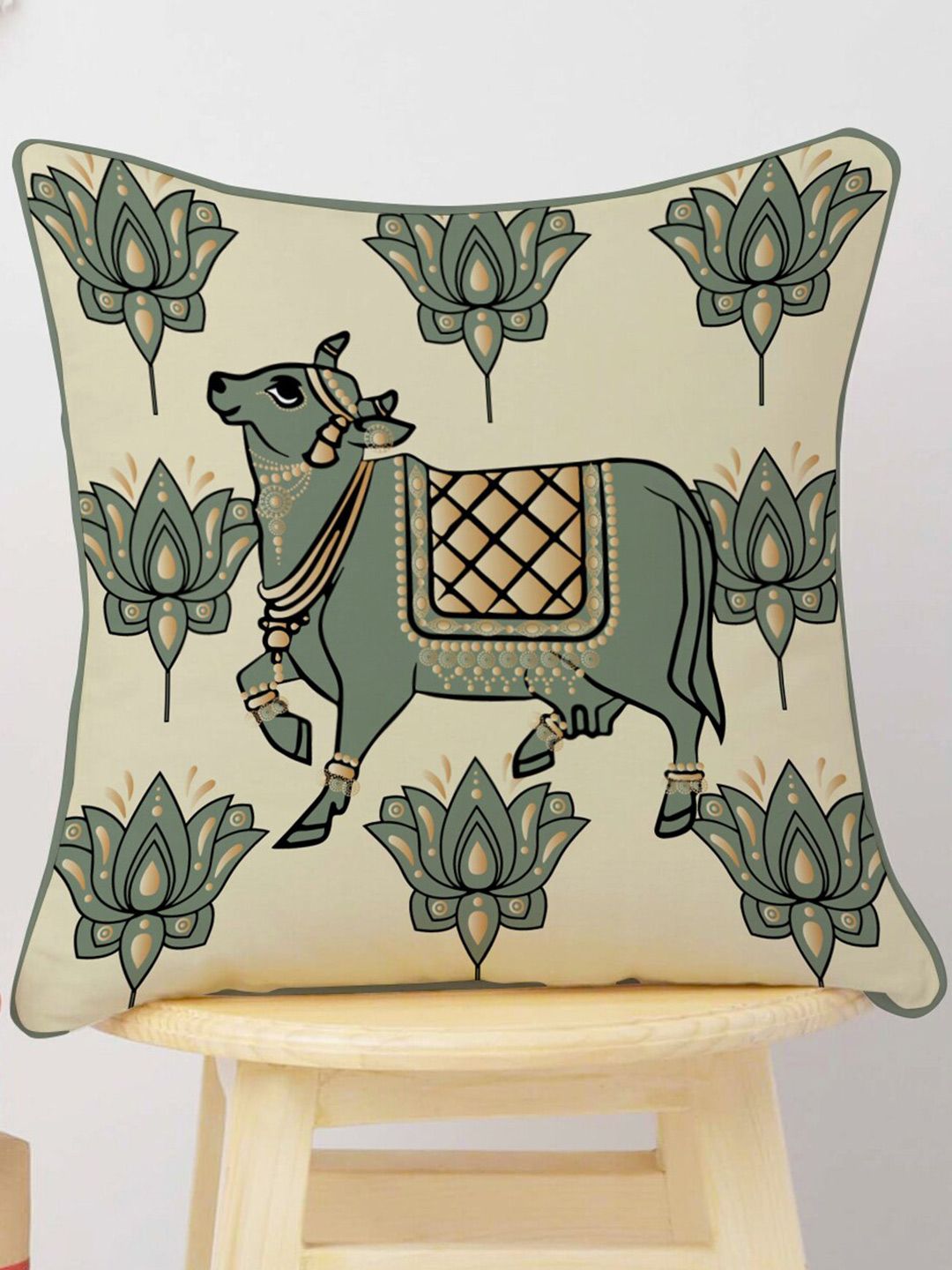 STITCHNEST Cream & Olive Green Set of 2 Ethnic Motifs Velvet Square Cushion Covers