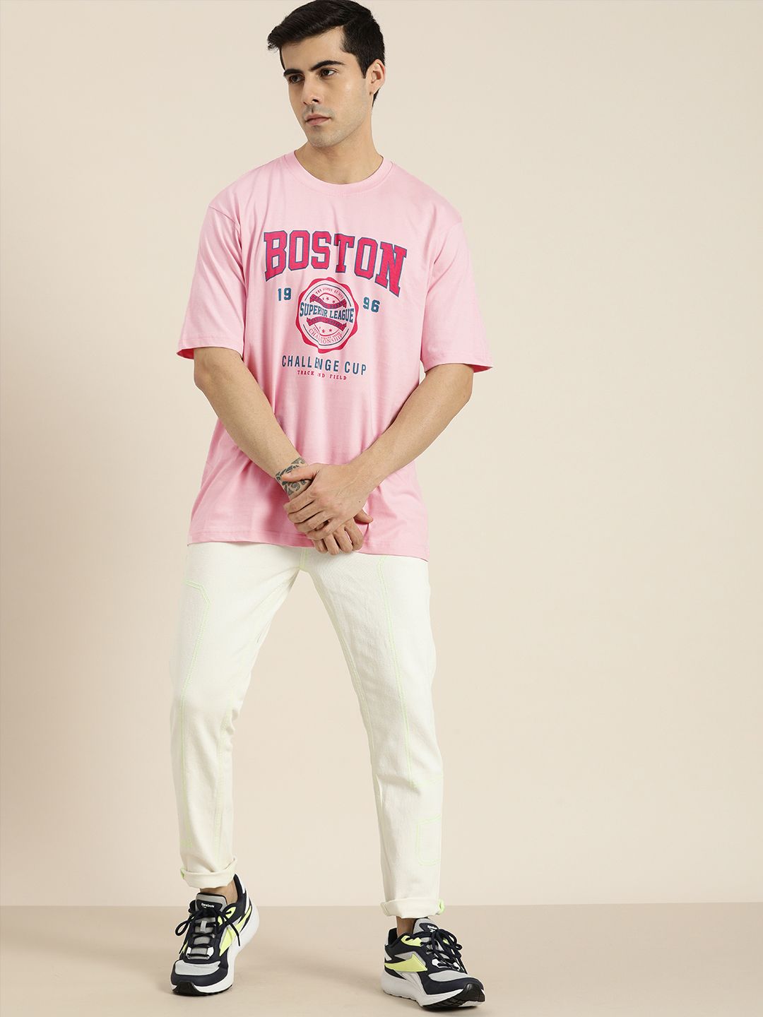 DILLINGER Men Pink & Blue Printed Drop-Shoulder Sleeves Pure Cotton Oversized  T-shirt