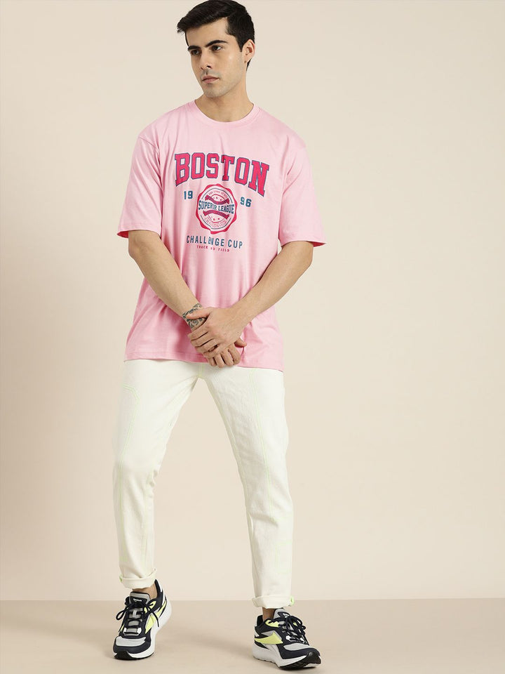 DILLINGER Men Pink & Blue Printed Drop-Shoulder Sleeves Pure Cotton Oversized  T-shirt