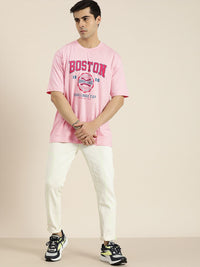 DILLINGER Men Pink & Blue Printed Drop-Shoulder Sleeves Pure Cotton Oversized  T-shirt