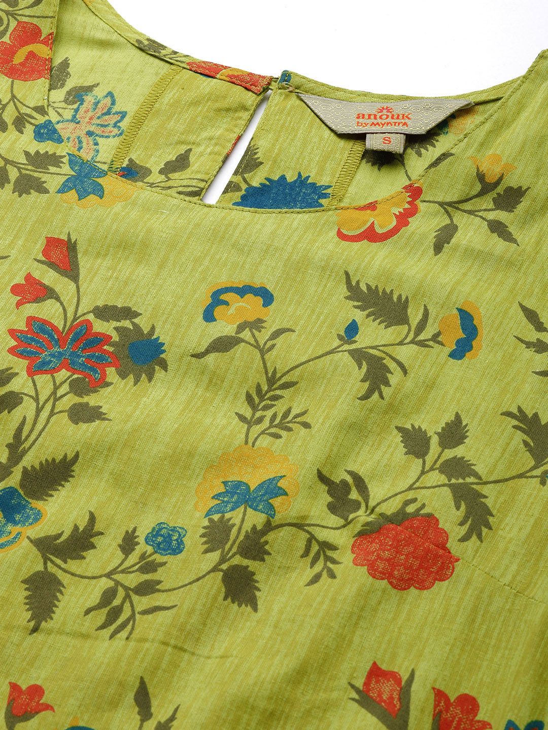 Anouk Women Green & Red Floral Printed Pure Cotton Kurta