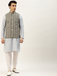 SOJANYA Kurta Bersulam Chikankari Kelabu Lelaki dengan Jaket Churidar & Nehru