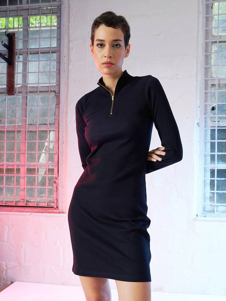 SASSAFRAS Black High Neck Long Sleeve Sheath Dress