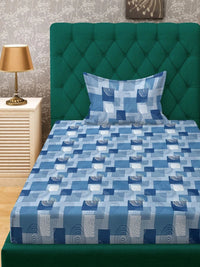 Moda Rapido X KLOTTHE Blue & White Geometric 400 TC Single Bedsheet with 1 Pillow Covers