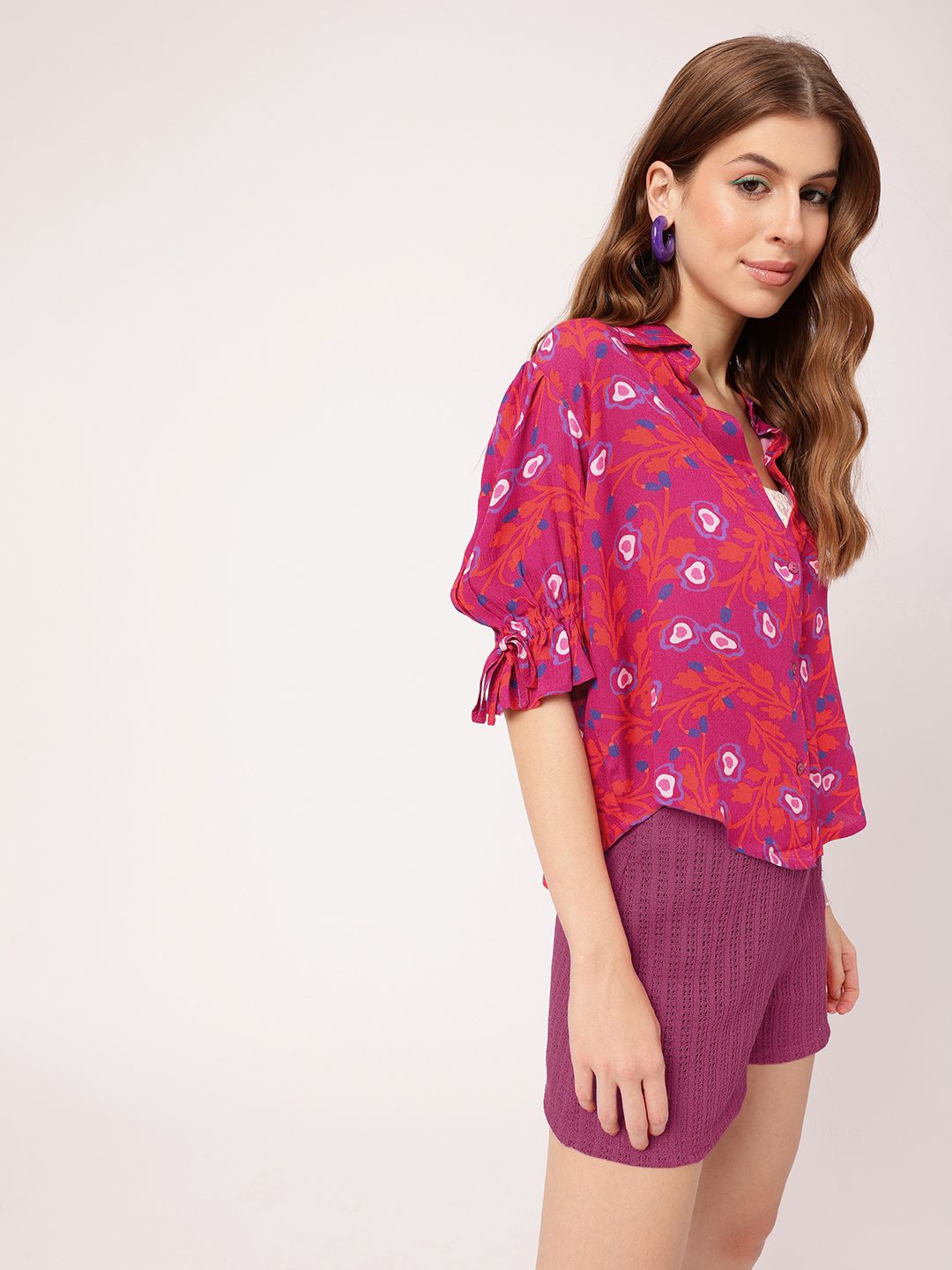 DressBerry Holiday Glam in Pink Printed Shirt Style Top