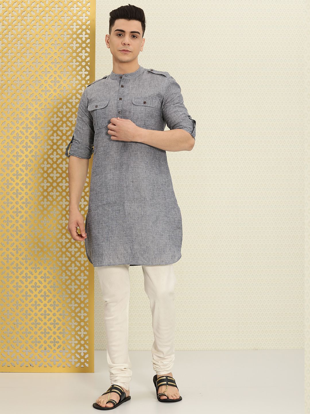 House of Pataudi Men Grey Solid Roll Up Sleeved Pathani Kurta