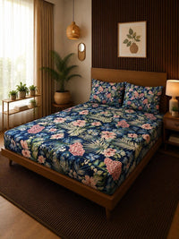 Moda Rapido X KLOTTHE Blue & Red Floral 400 TC King Bedsheet with 2 Pillow Covers