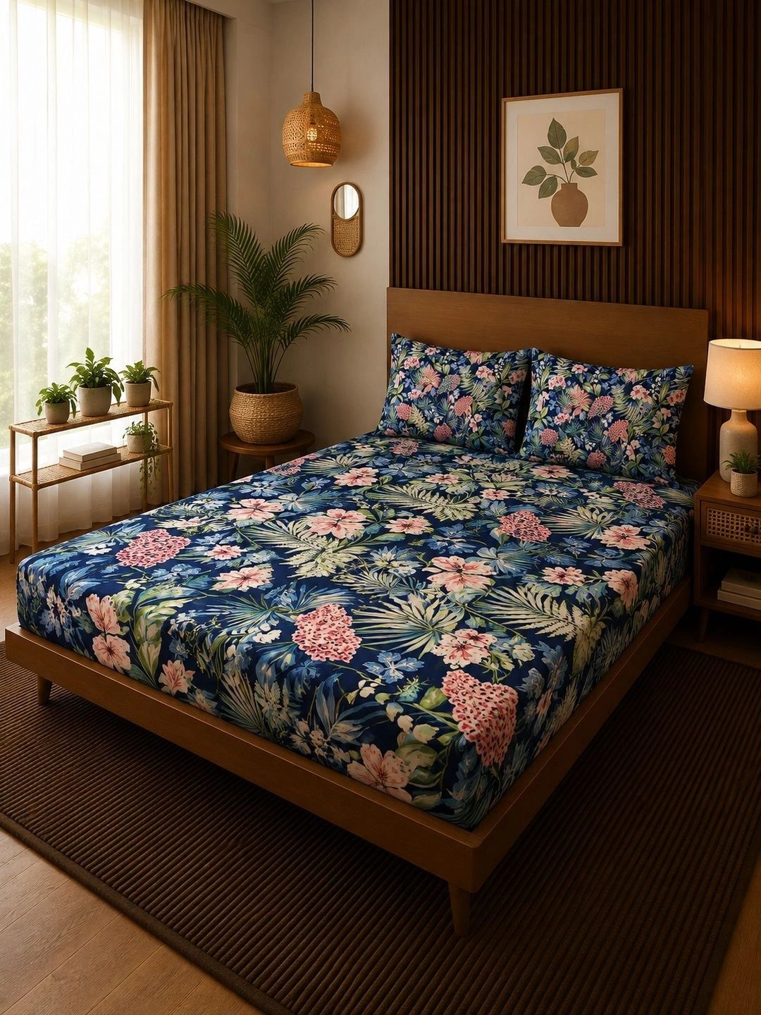Moda Rapido X KLOTTHE Blue & Red Floral 400 TC King Bedsheet with 2 Pillow Covers